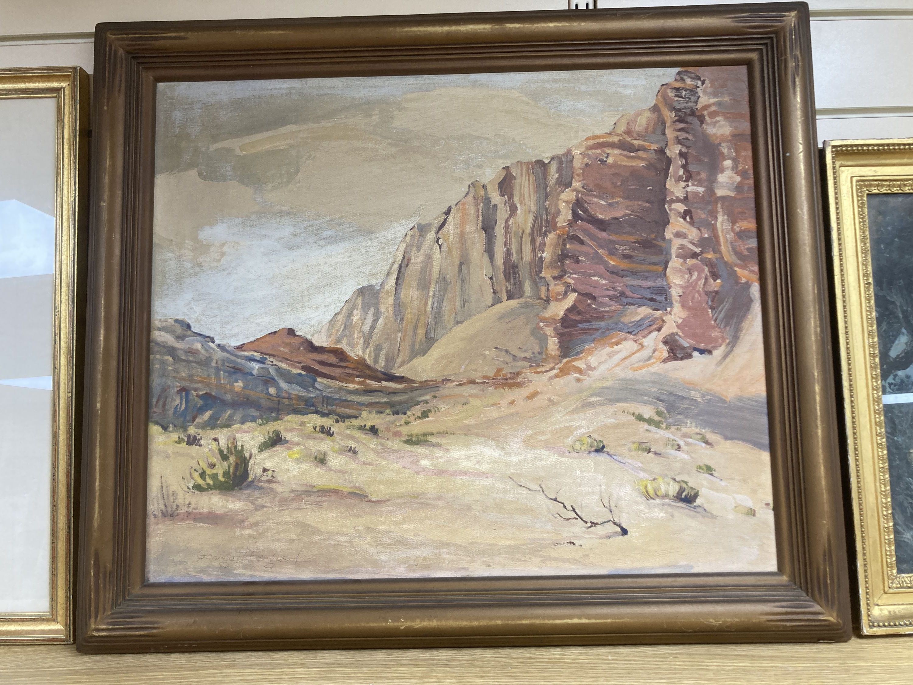 George D. Ferguson, oil on canvas, Desert Lands, signed, with Long Beach Art Association label verso, dated 1936, 50 x 60cm